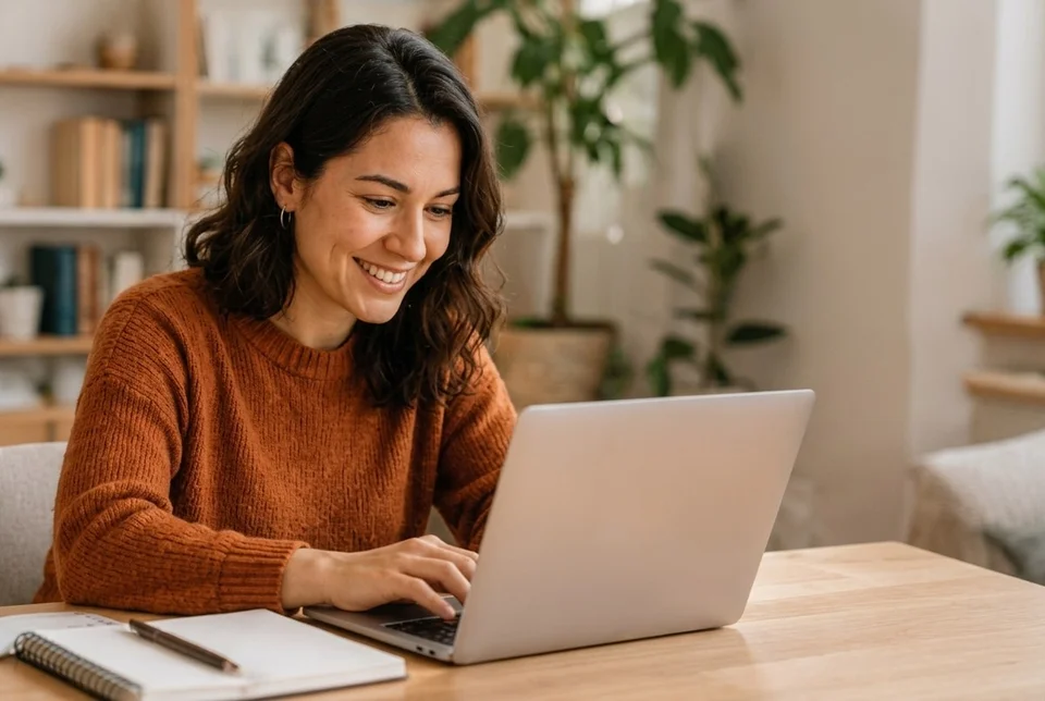 Educadora con auriculares trabajando felizmente en su laptop