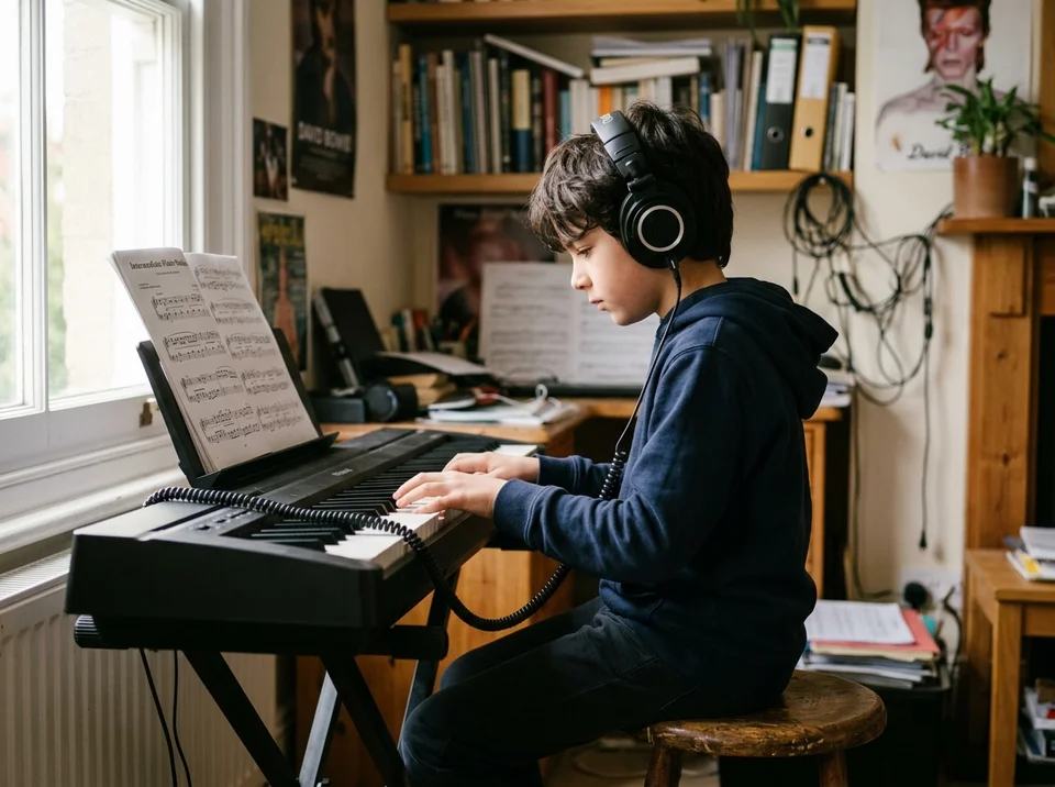 Estudiante joven practicando música con auriculares en teclado