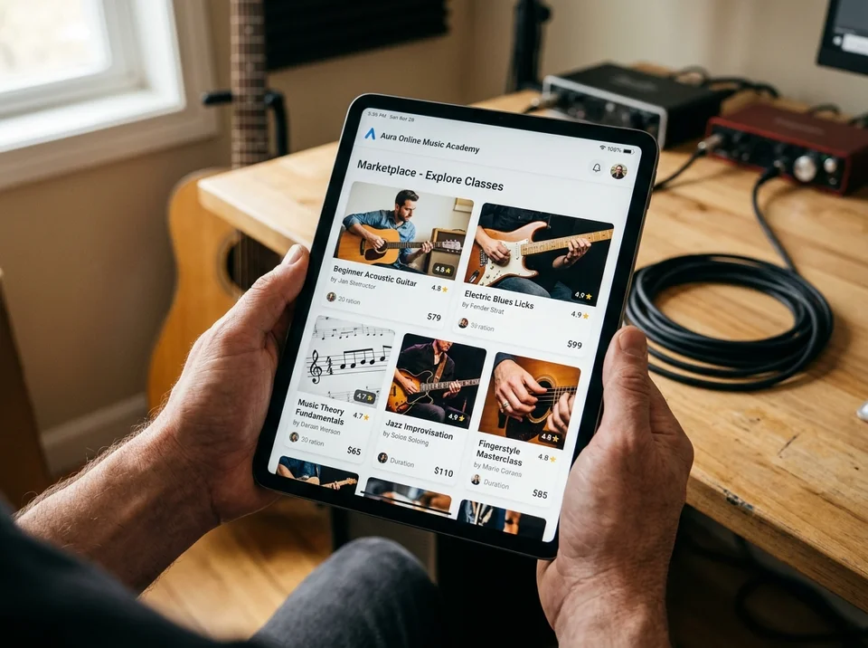 Tablet mostrando el catálogo educativo y marketplace de Ecademis