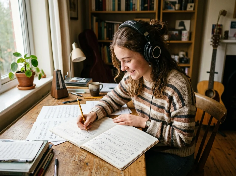 Estudiante con auriculares tomando notas durante una clase virtual